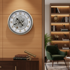 Reloj de Pared Techno-Chic - Plata y Engranajes Expuestos 33 CM