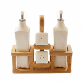 Set de Vinagrera y Aceitera Minimalista en Cerámica con Base de Bambú - Juego de 4 Piezas