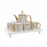 Set de Tetera y Tazas con Bandeja Efecto Mármol y Bordes Dorados