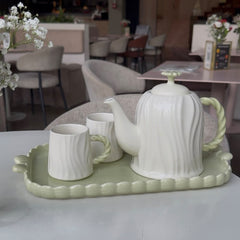 Set de Tetera y Tazas con Bandeja - Diseño Ondulado Verde Menta