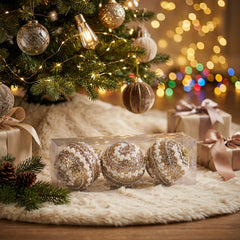 Set x3 Esferas navideñas doradas escarchadas con perlas Blancas 8cm