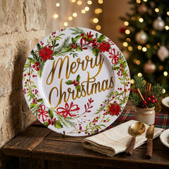 Plato Base Decorativo Navideño Corona de Flores "Merry Christmas" - 32 cm