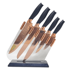 Juego De 5 Cuchillos De Cocina En Acero Inoxidable Con Base Acrilica, Oro Rosa/Negro