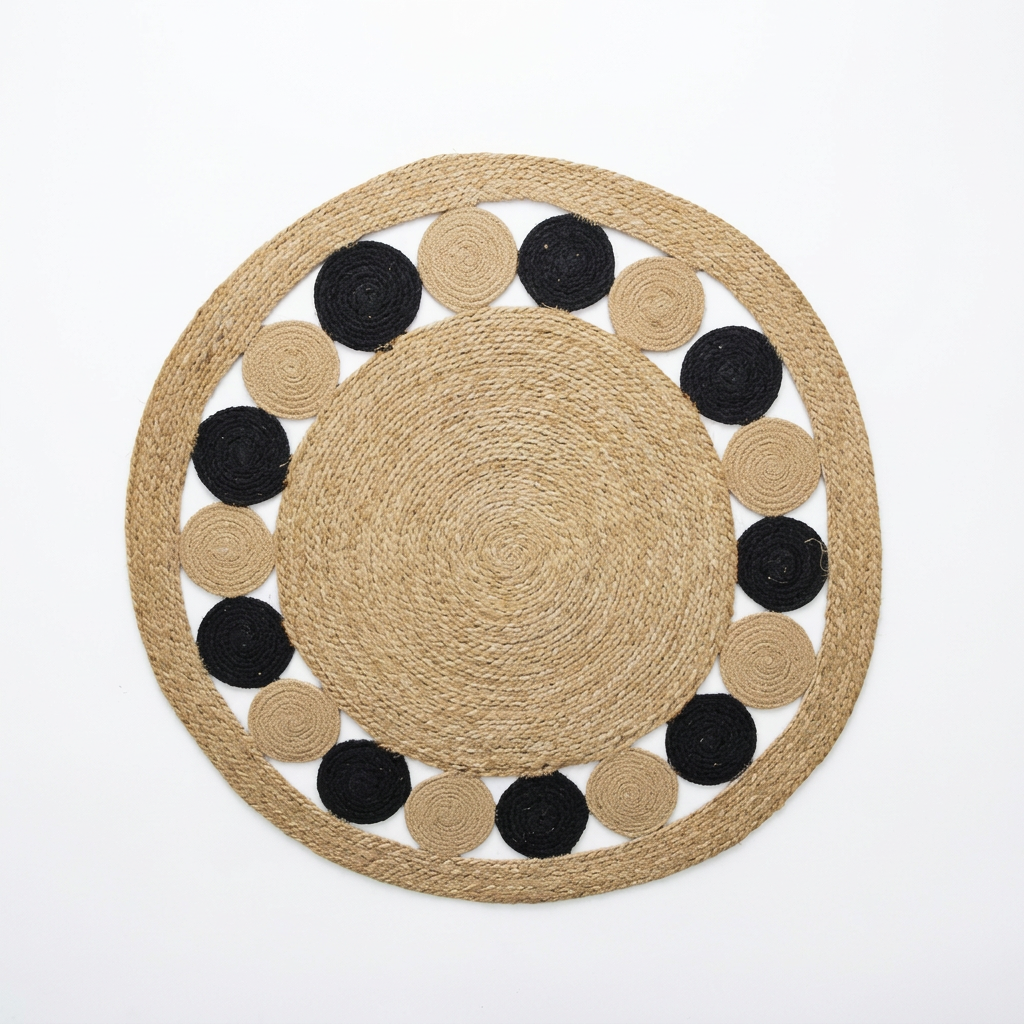 Tapete Redondo en Yute Natural con Detalles Circulares