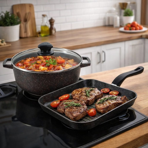 SET CALDERO 18CM + PLANCHA CUADRADA 24CM IMUSA FUZIÓN