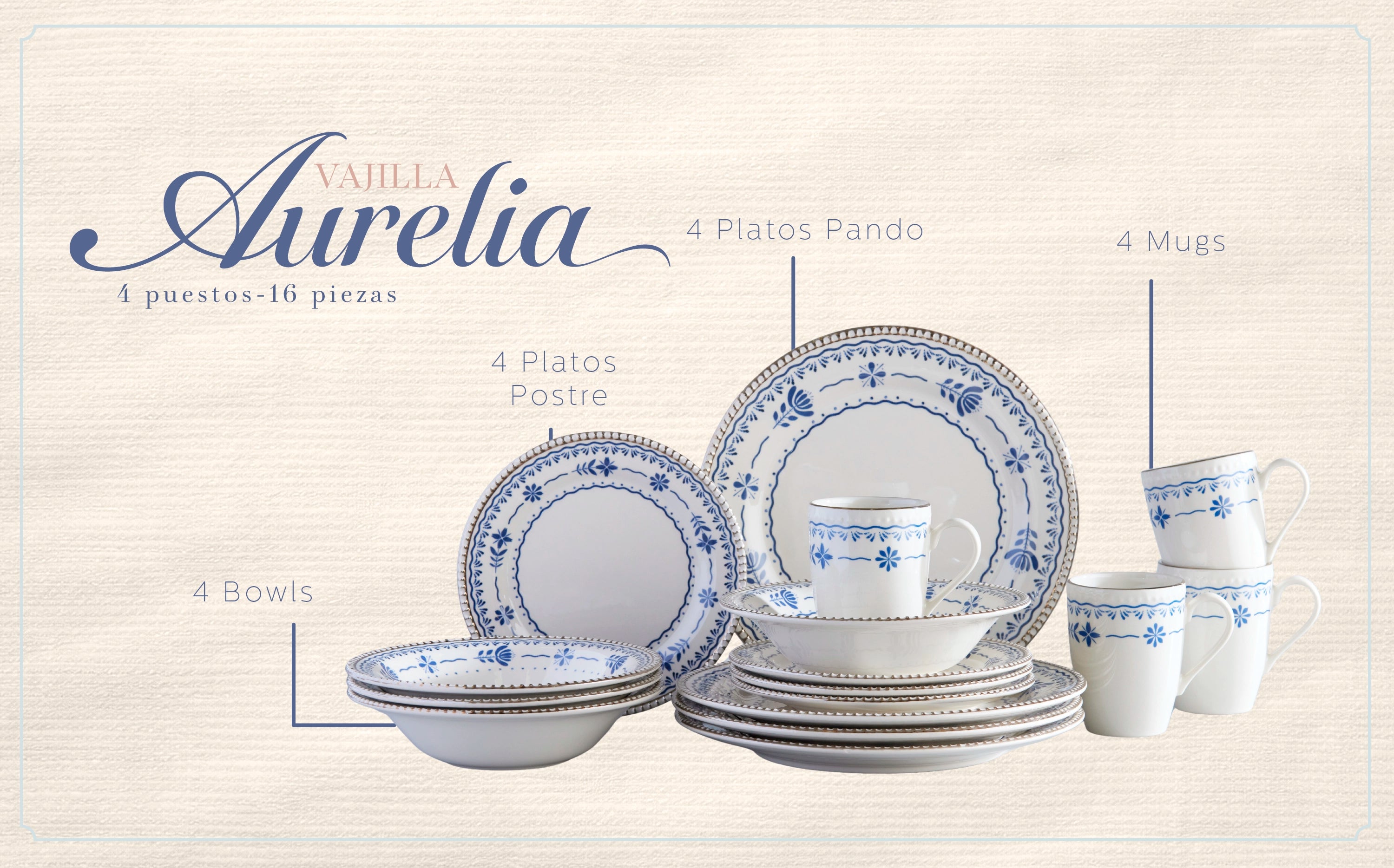 Vajilla Aurelia 4 Puestos 16 Piezas