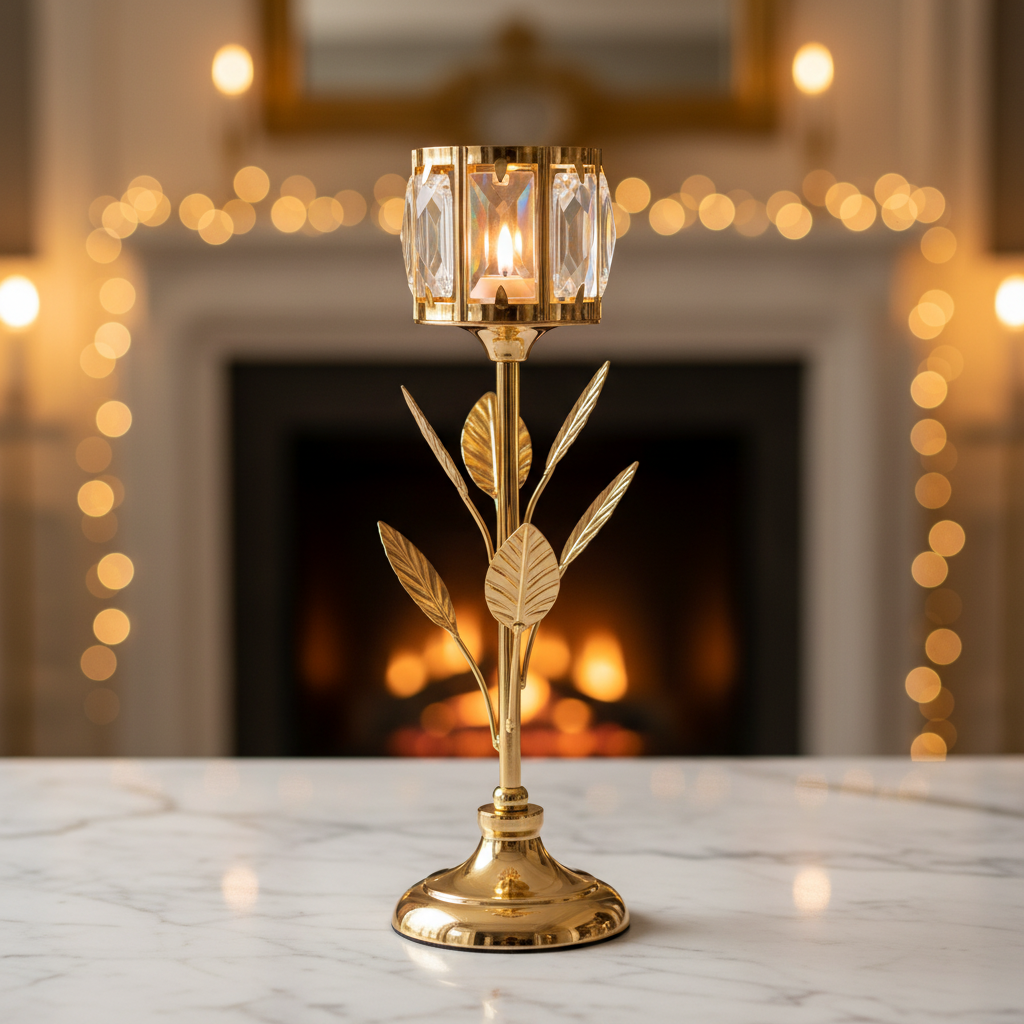 Candelabro de Lujo: Elegancia Botánica en Dorado Pequeño