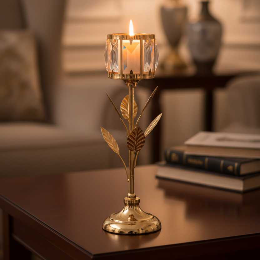Candelabro de Lujo: Elegancia Botánica en Dorado Grande