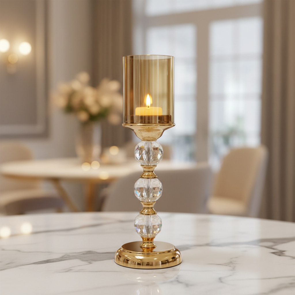 Candelabro de Latón con Esferas de Cristal y Pantalla Ámbar (36 cm)