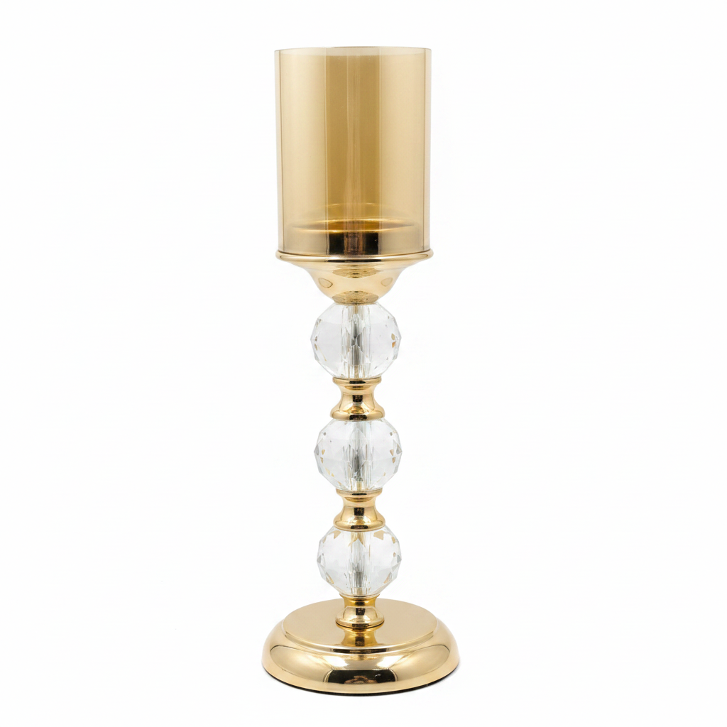 Candelabro de Latón con Esferas de Cristal y Pantalla Ámbar (36 cm)