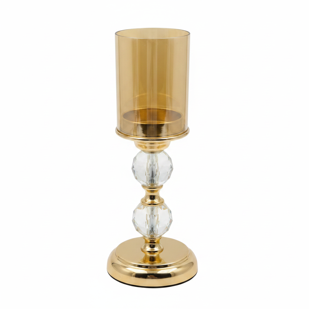 Candelabro de Latón con Esferas de Cristal y Pantalla Ámbar (30 cm)