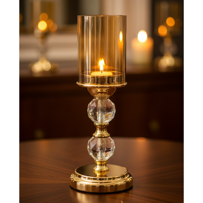 Candelabro de Latón con Esferas de Cristal y Pantalla Ámbar (30 cm)