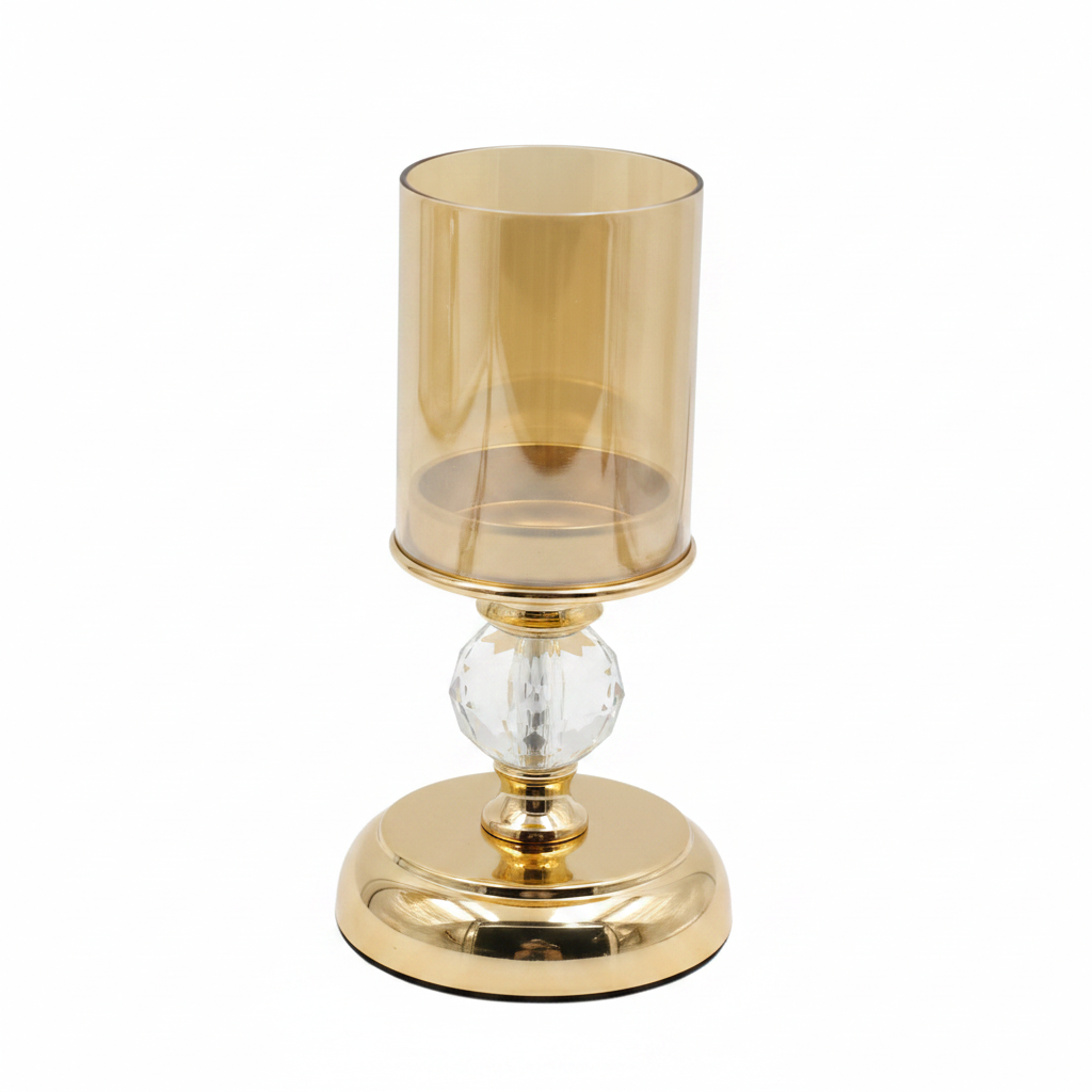 Candelabro de Latón con Esferas de Cristal y Pantalla Ámbar (24 cm)