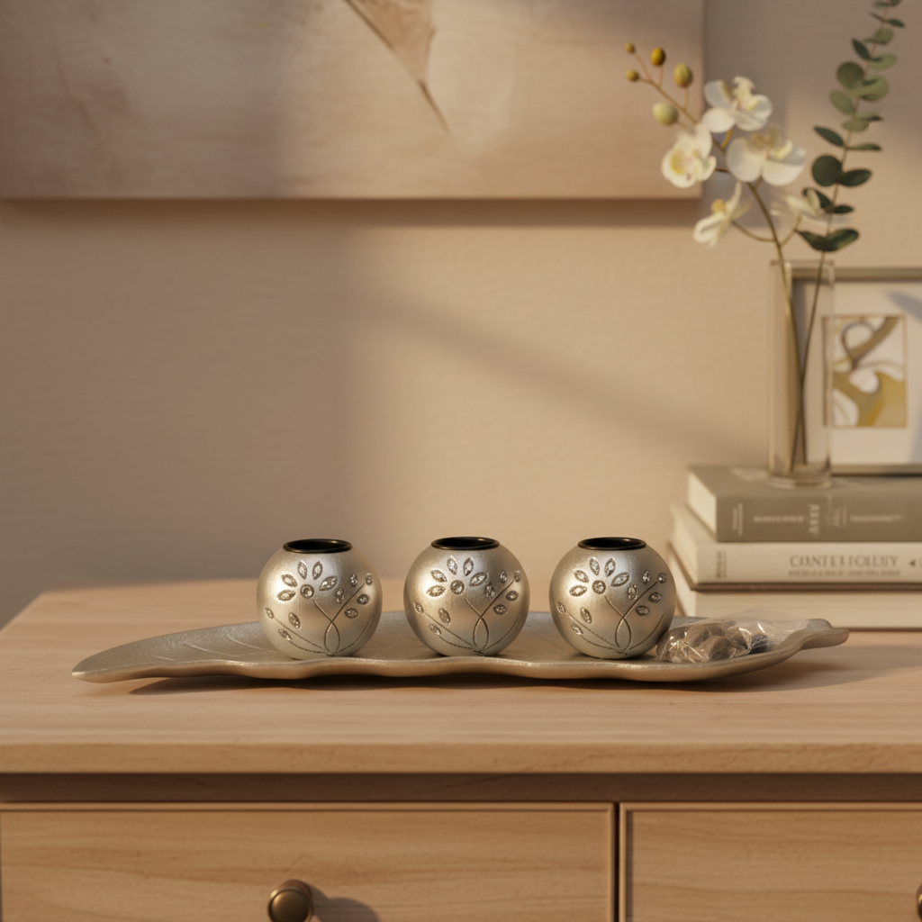 Set de Portavelas Triple: Plata Satinada con Relieve Floral