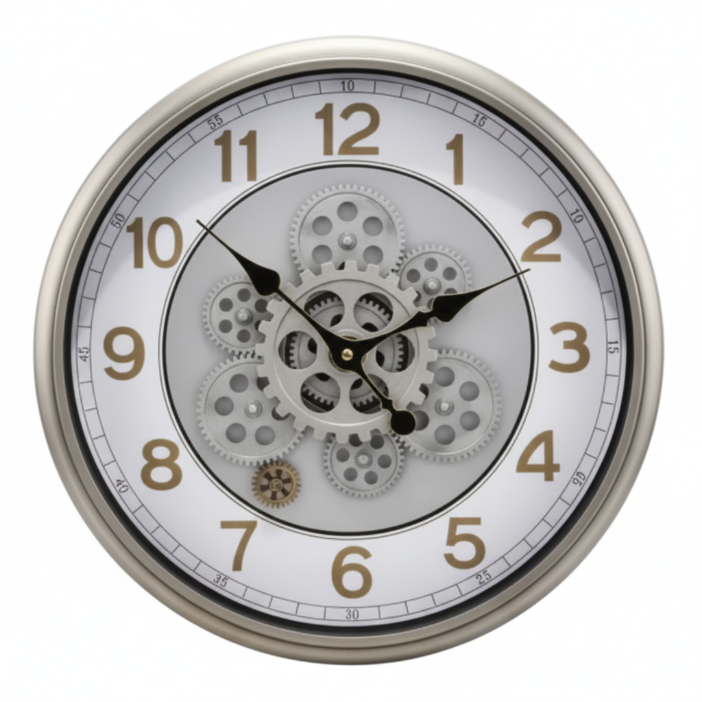 Reloj de Pared Techno-Chic - Plata y Engranajes Expuestos 33 CM