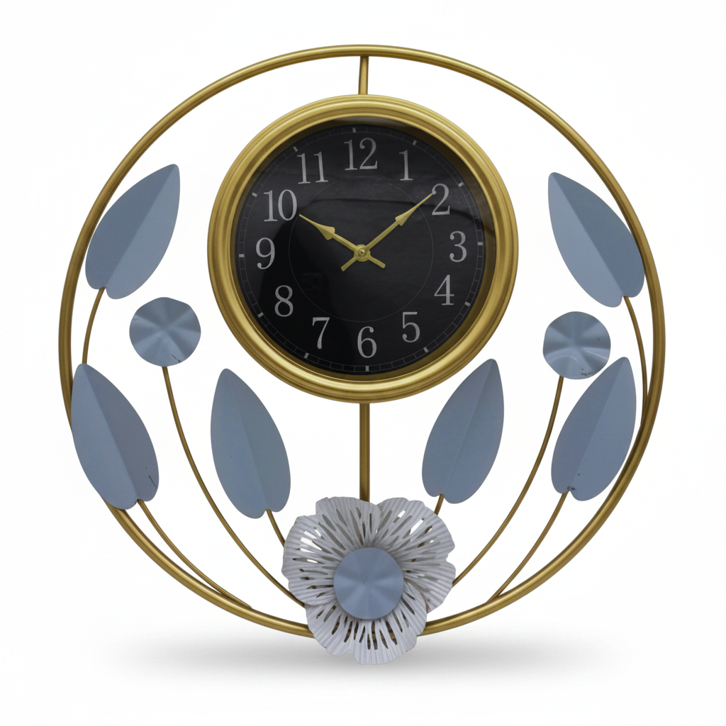 Reloj de Pared Escultórico - Diseño Floral en Oro y Azul Glaciar 53 CM
