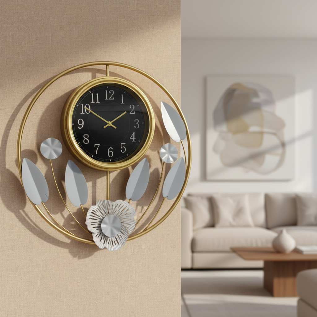 Reloj de Pared Escultórico - Diseño Floral en Oro y Azul Glaciar 53 CM