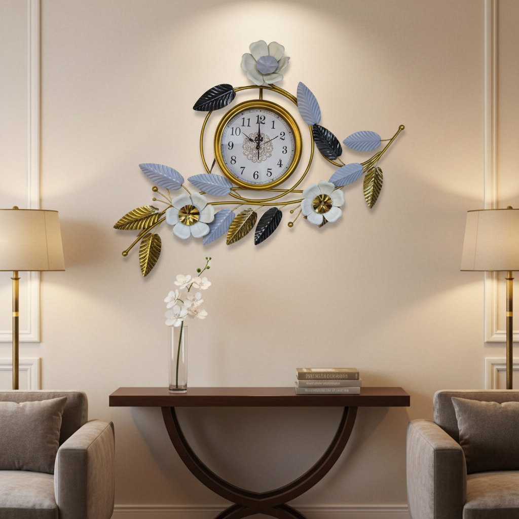 Reloj de Pared de Lujo - Jardín de Latón y Flores Blancas