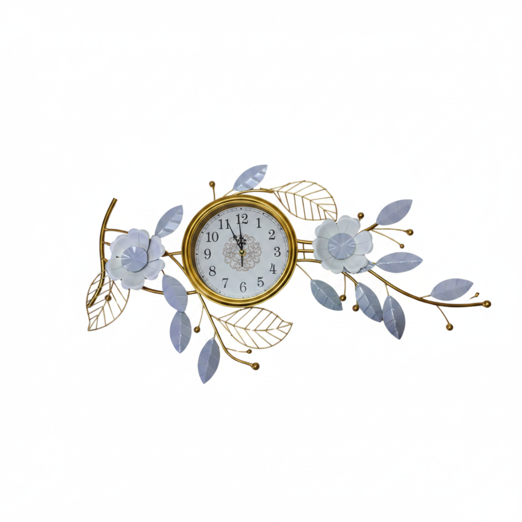 Reloj de Pared de Lujo Horizontal - Composición Floral y Hojas de Oro