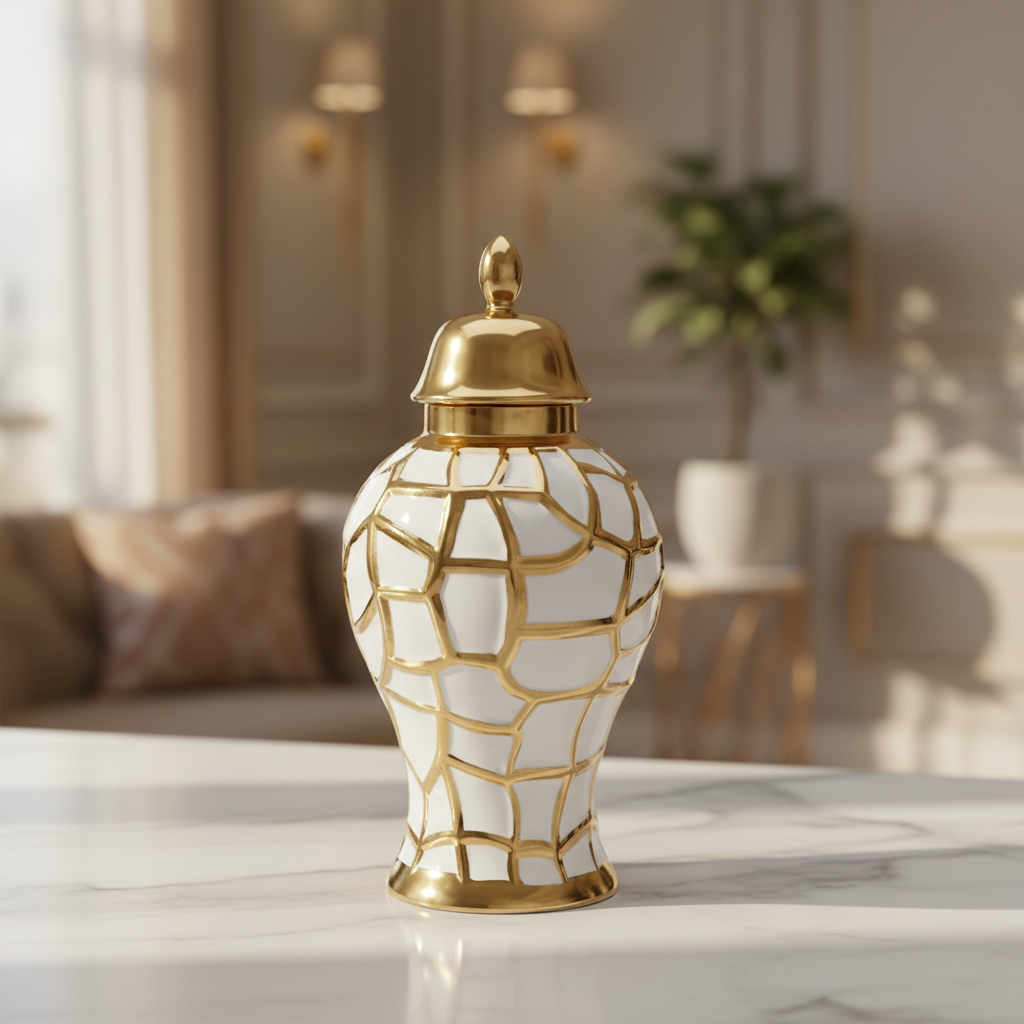 Jarron Patrón Estilo Mosaico Dorado y Blanco 53x18
