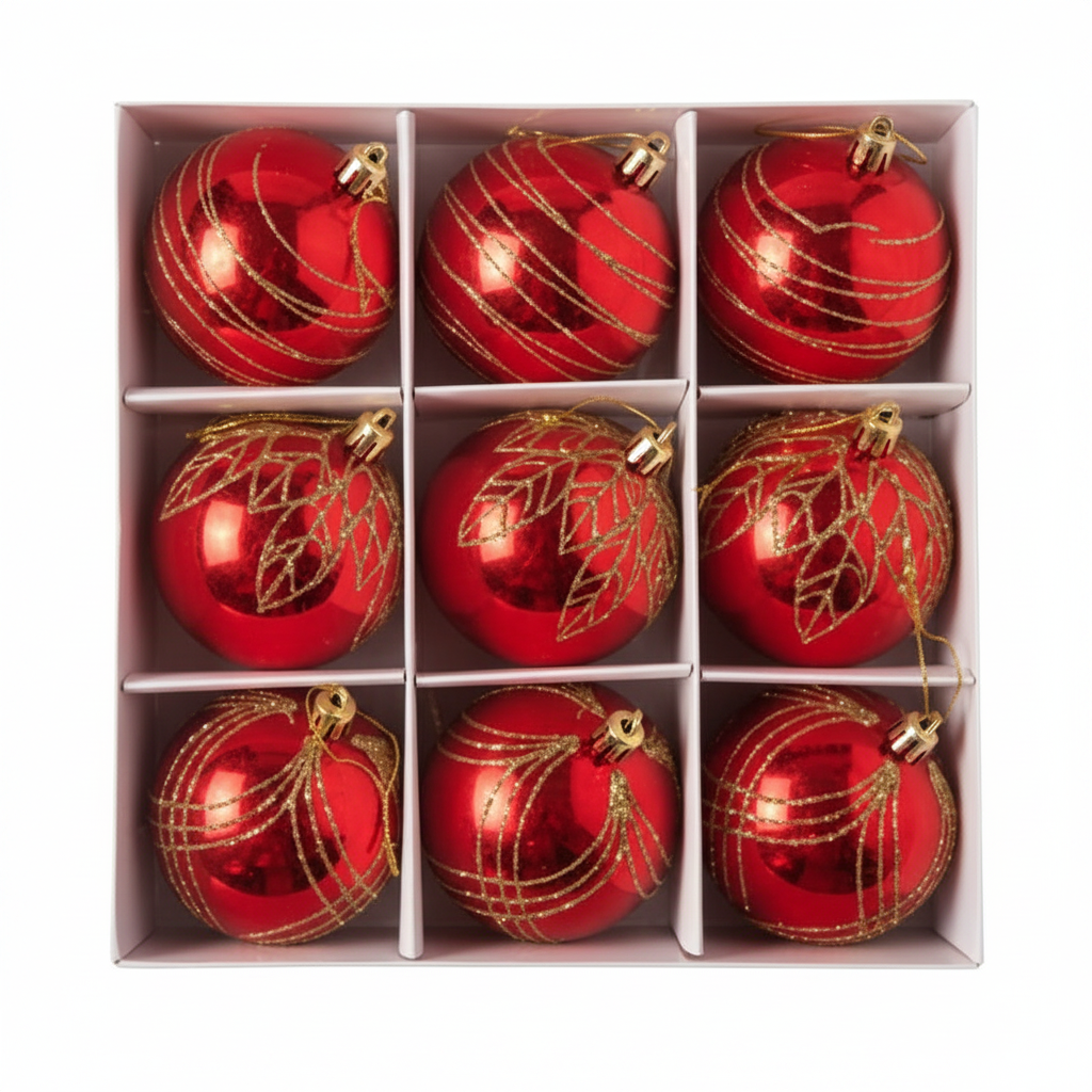 Bolas de Navidad Rojas con Lineas Doradas X9