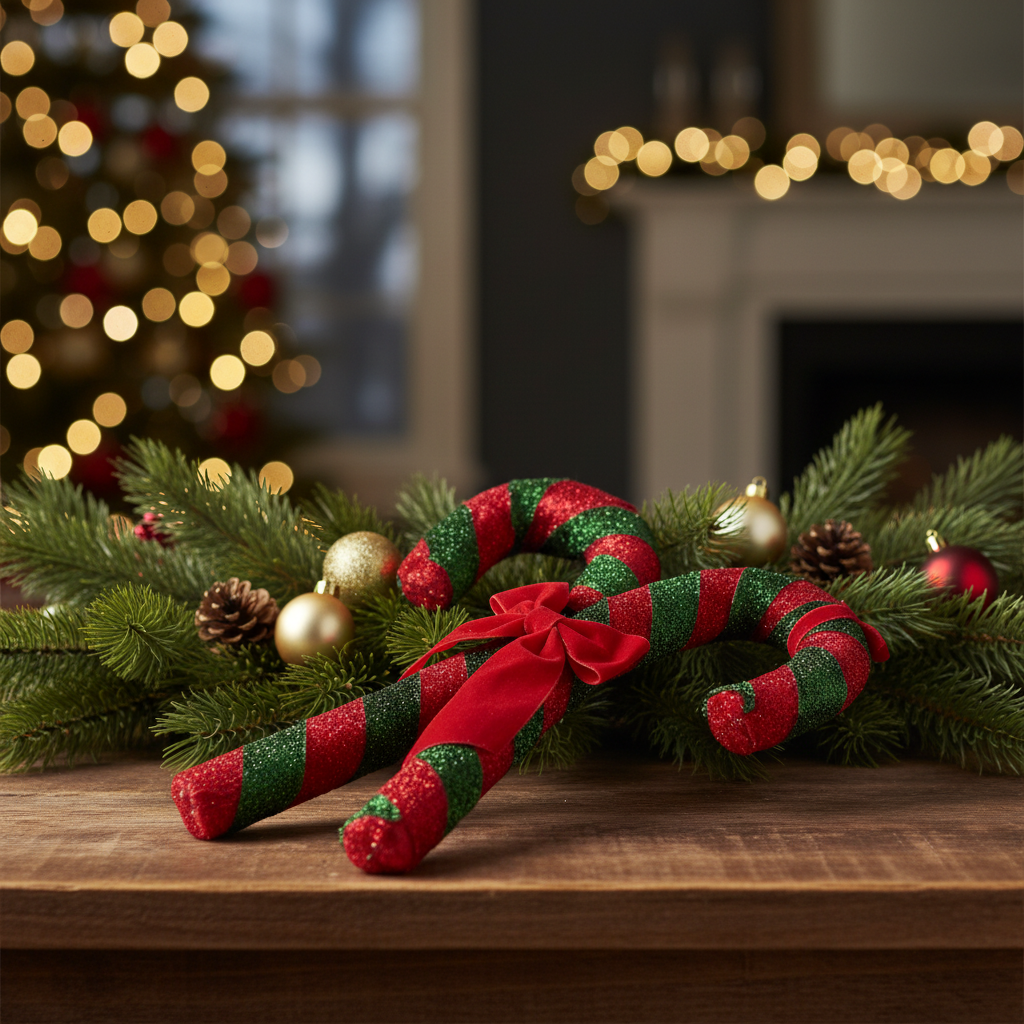 Bastones de caramelo navideños pequeño con acabado de terciopelo