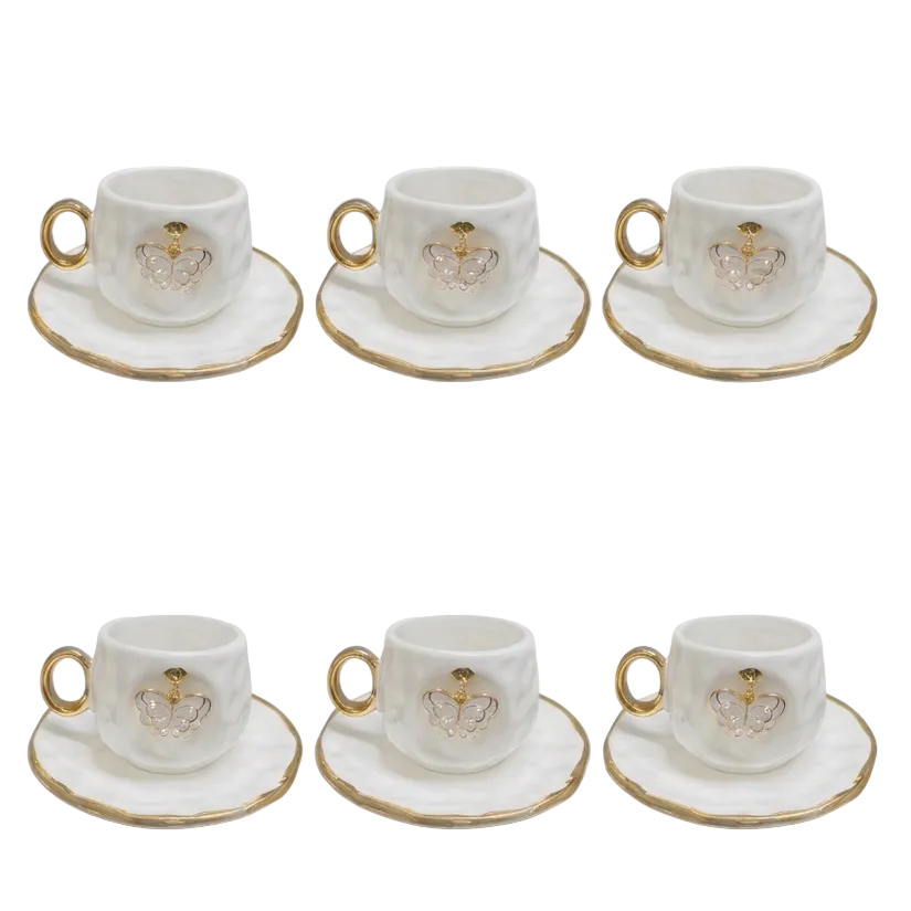 Juego de 6 tazas en cerámica con aplique de mariposa en relieve