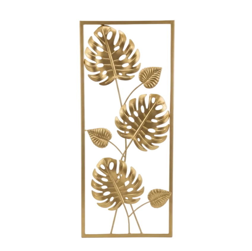 Cuadro Decorativo Pared de Metal Dorado Hojas de Palma 60x25cm