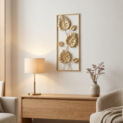 Cuadro Decorativo Pared de Metal Dorado Hojas de Palma 60x25cm
