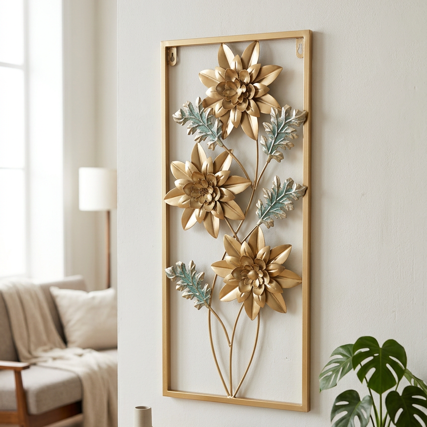 Cuadro Decorativo Floral Gold & Teal 60x25cm