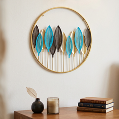 Cuadro Redondo Hojas de Bosque Turquesa y dorado 60cm