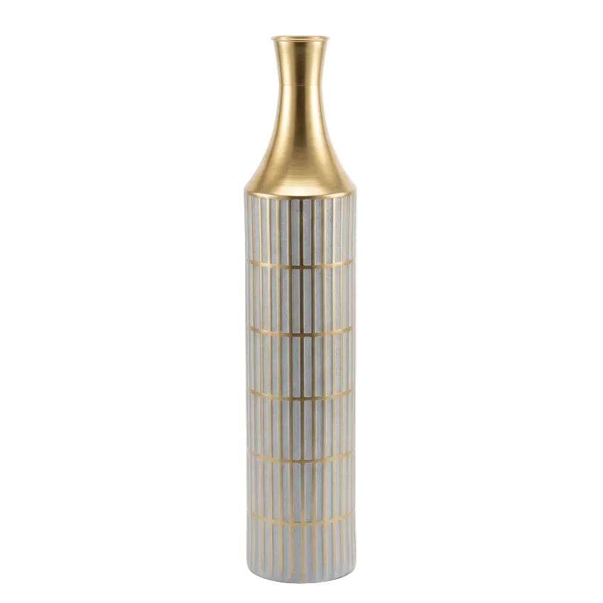 Jarrón de Piso Pequeño Texturizado Blanco con Cuello Dorado 82x14cm