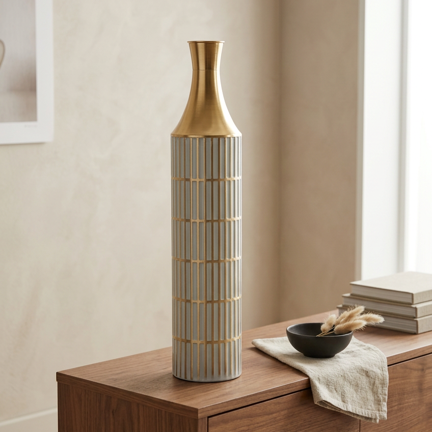 Jarrón de Piso Pequeño Texturizado Blanco con Cuello Dorado 82x14cm
