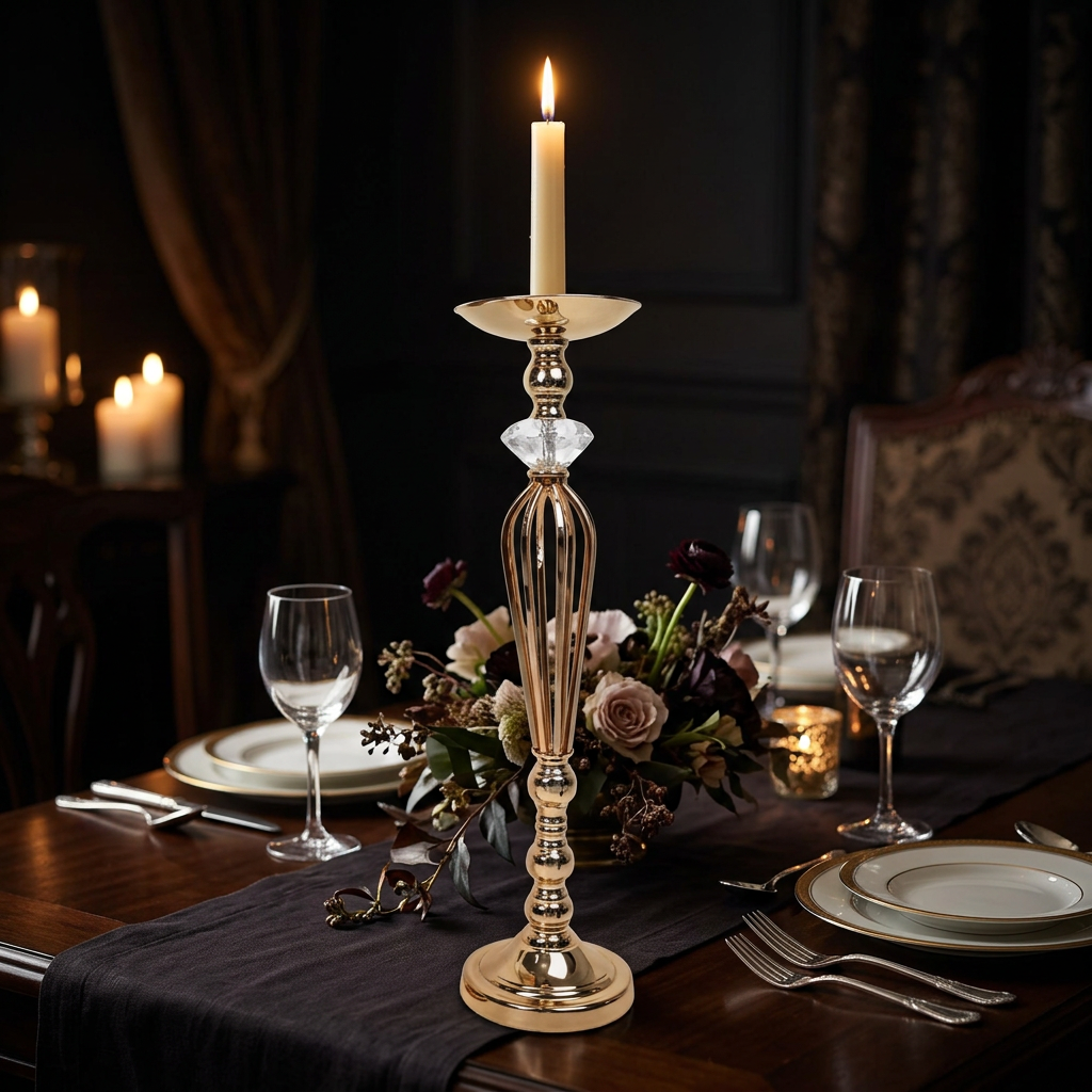 Candelabro Metalico Alto Dorado con Diamante de Cristal