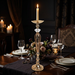 Candelabro Metalico Alto Dorado con Diamante de Cristal