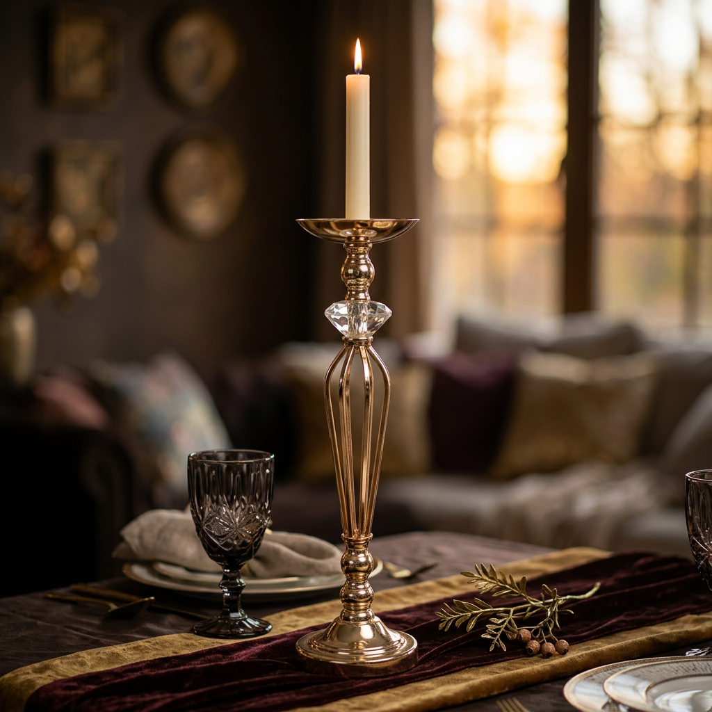 Candelabro Metalico Mediano Dorado con Diamante de cristal