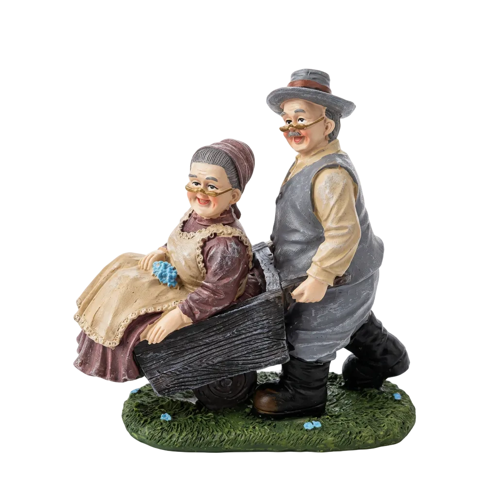 Figura decorativa de abuelitos en carretilla de madera 16cm