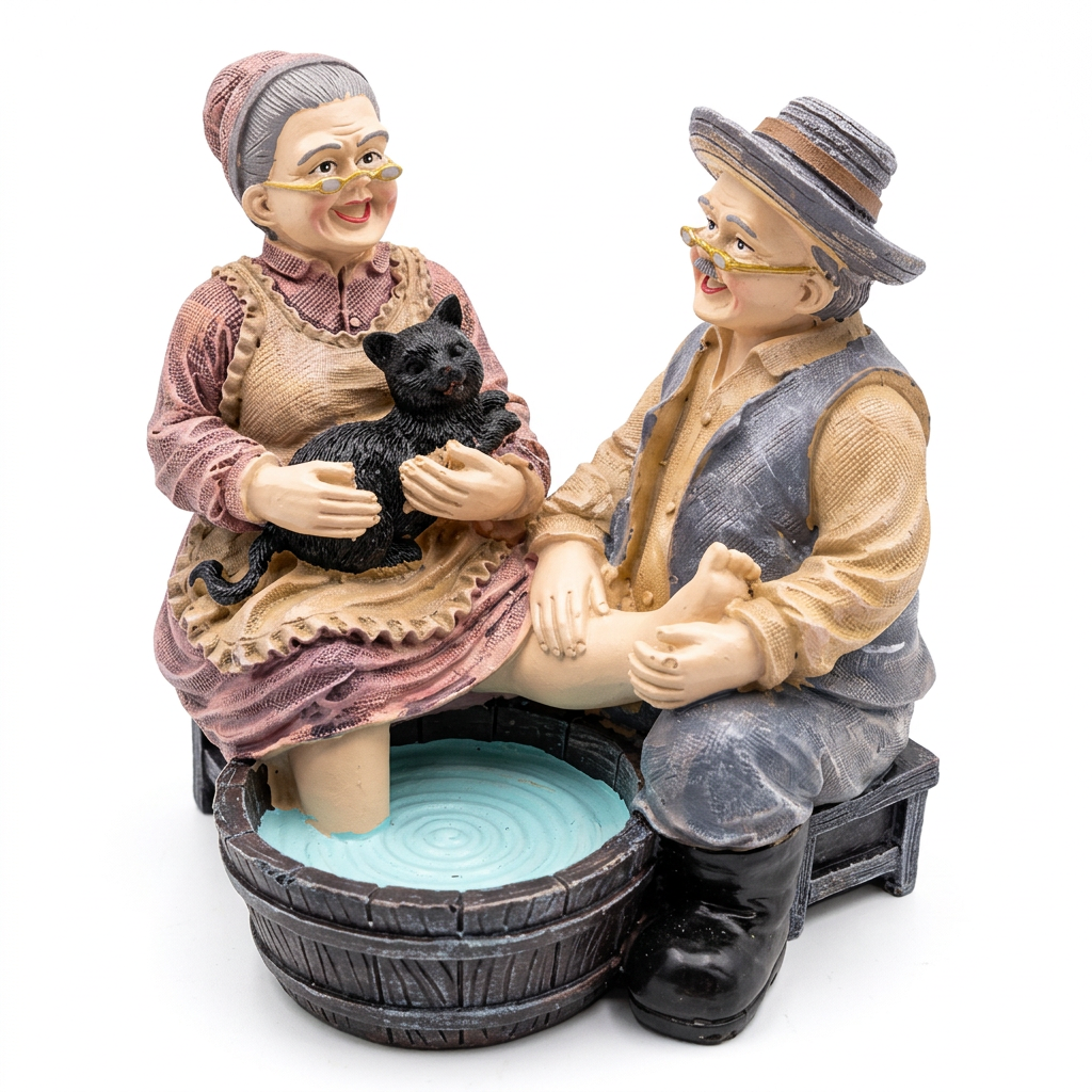 Figura decorativa de abuelitos lavándose los pies en tinaja 12cm