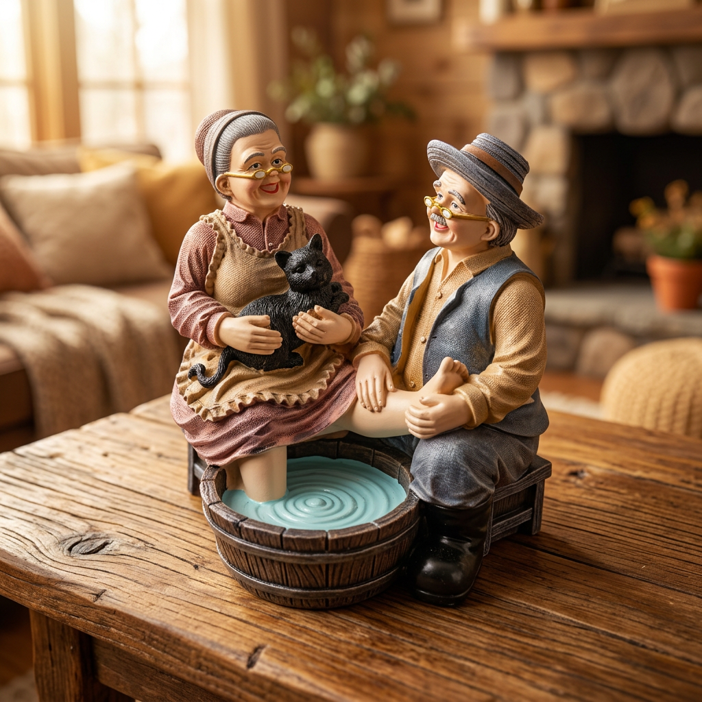 Figura decorativa de abuelitos lavándose los pies en tinaja 12cm