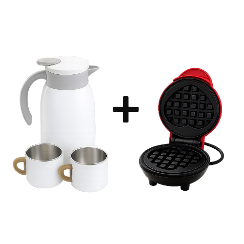 Combo Desayuno Perfecto: Termo + Tazas + Mini Wafflera de Corazón