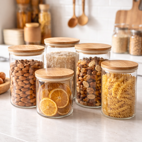 Recipiente Premium de acrilico con Tapa Natural estilo bambu 1.450ML