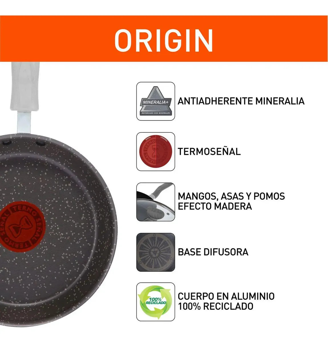 Sartén 24 Cm Antiadherente Tapa Vidrio Origin Imusa