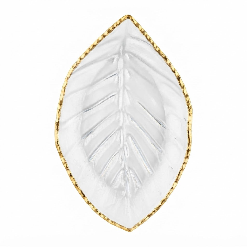 Plato Decorativo de Vidrio en Forma de Hoja con Borde Dorado