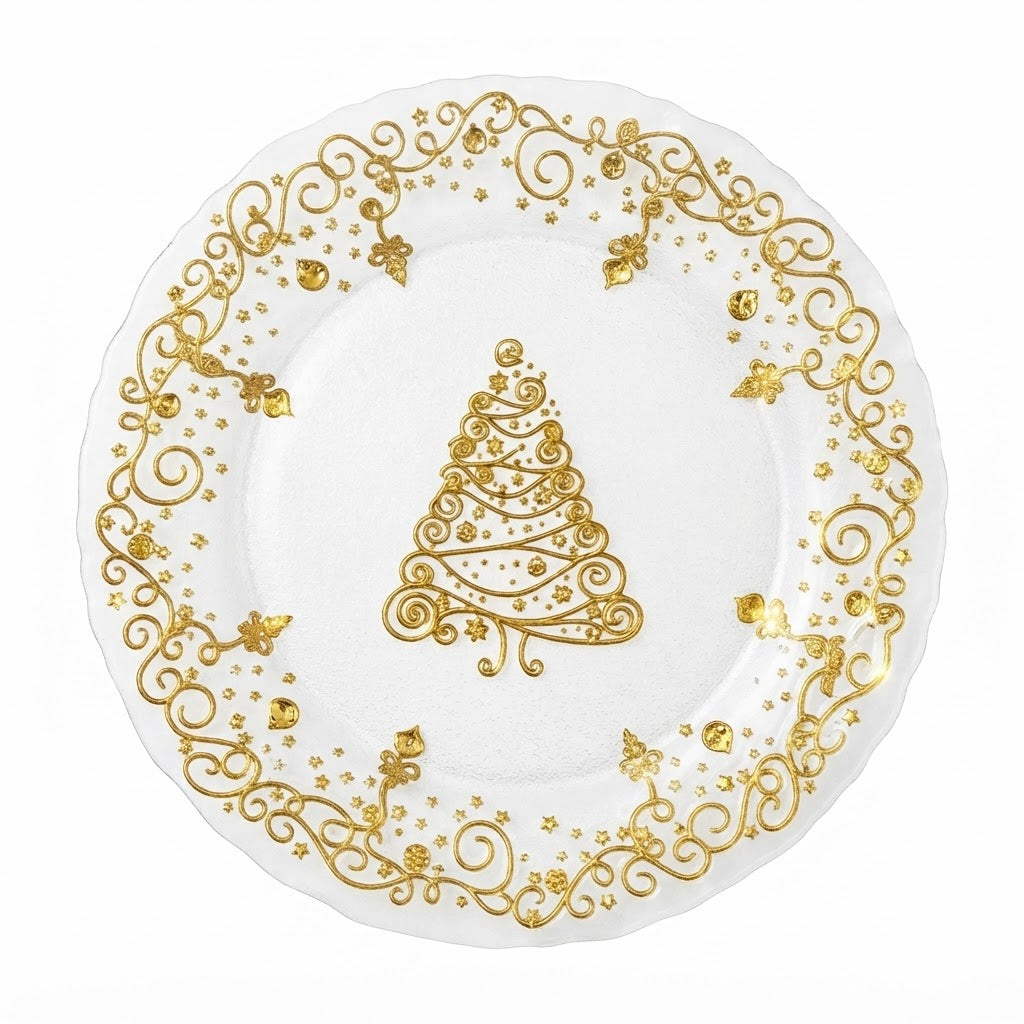 Plato Base Navideño de Vidrio Transparente 32cm "Árbol de Navidad" con Borde Dorado