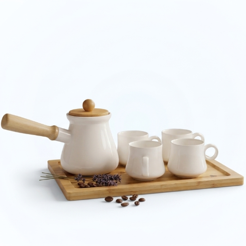 Juego de Café Turco en Cerámica Blanca con Base de Bambú - Set de 5 Piezas Moderno