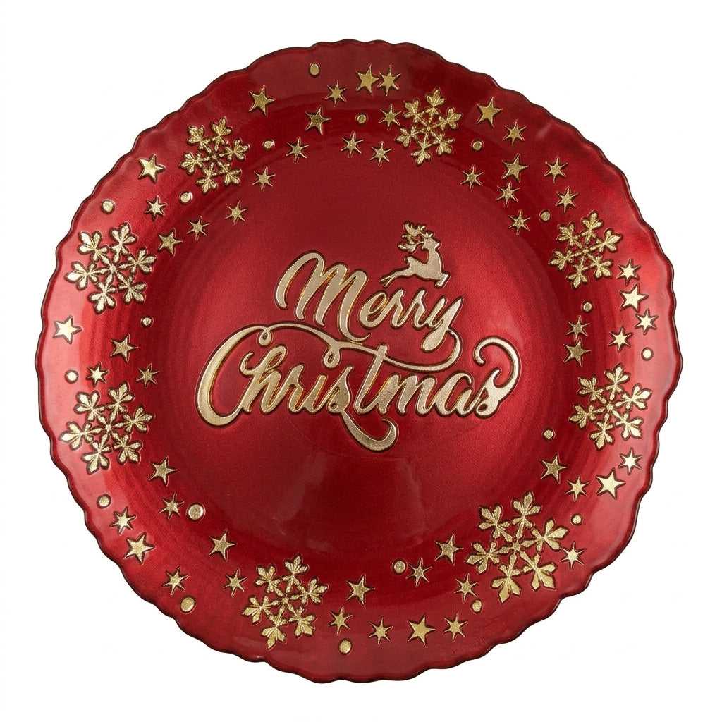 Plato Base Navideño de Vidrio Rojo 32cm "Merry Christmas" con Detalles Dorados
