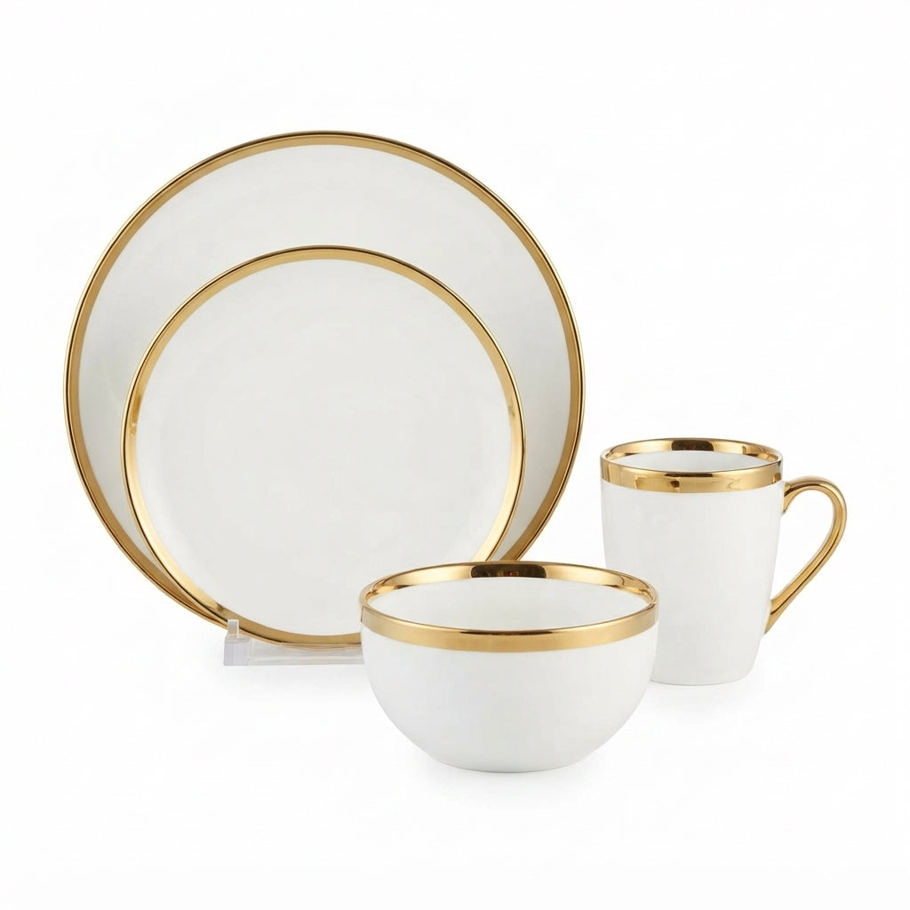 Set de Vajilla de Cerámica Blanca con Borde Dorado (16 Piezas / 4 Puestos)