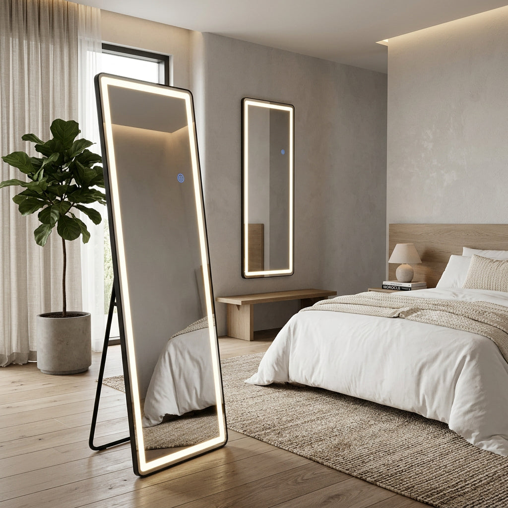 Espejo de Piso o Para Colgar con Iluminación LED y Marco Negro 150x40cm