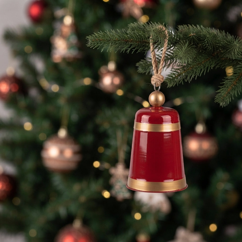 Campana Navideña Colgante 10cm Rojo y Dorado con Cuerda rústica