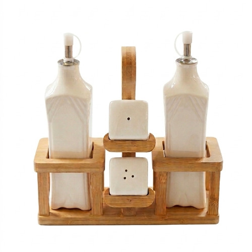 Set de Vinagrera y Aceitera Minimalista en Cerámica con Base de Bambú - Juego de 4 Piezas